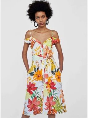 Zara 100% linen White Orange Yellow Floral Tie Waist Draped Sleeve Dress Large